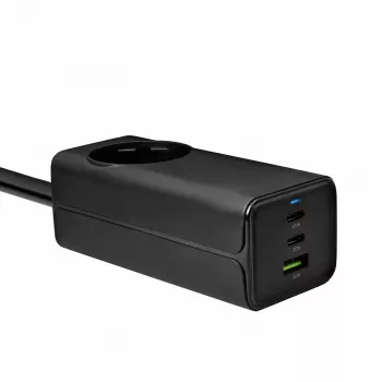 Akyga AK-CH-21 GaN USB Charger 65 W, 2 x USB-C + USB-A, with AC Socket, 1.5 m, Black