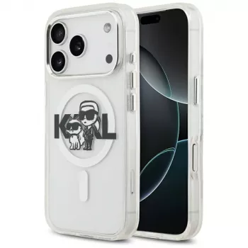 Karl Lagerfeld IML Glitter Karl & Choupette Sketch Logo MagSafe Case for iPhone 17 Pro, Transparent