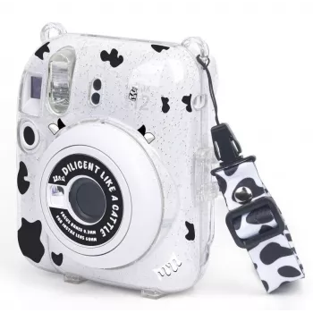 LOVEINSTANT Case for Fujifilm Instax Mini 12 - Cow Print Glitter with Stickers and Photo Bag