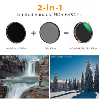 K&F Concept Hybrid Filter 2-in-1 58mm CPL Polarizer + Variable ND4-ND64 Grey Fader KF01.1913