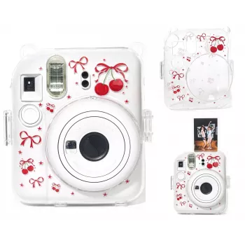 LOVEINSTANT Hard Shell Protective Case for Fujifilm Instax Mini 12 - Red Cherry Pattern with Shoulder Strap
