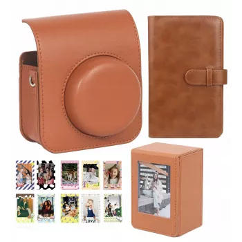LOVEINSTANT 4-in-1 Kit: Camera Bag, Photo Album, Storage Box, Sticker for Fuji Instax Mini 41 - Brown