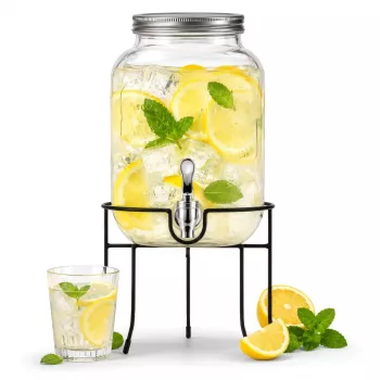 Adler AD 6741 Beverage Dispenser with Tap and Metal Stand, 4 L, Soda-Lime Glass, Screw-On Lid, Spare Tap Included
