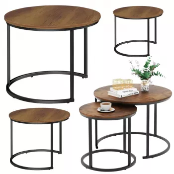 LEAN Set of 3-in-1 Round Coffee Tables Vintage Natural Wood 51cm 40cm 30cm