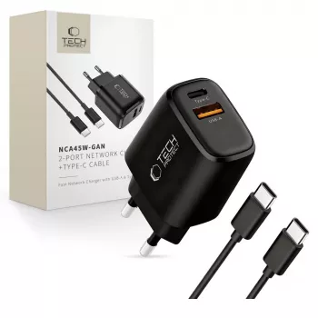 TECH-PROTECT NCA45W-GAN 2-Port Mains Charger PD 45W / QC3.0 + USB-C Cable Black
