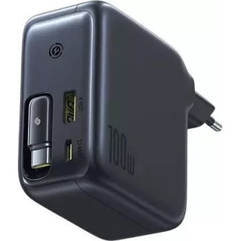 Baseus EnerCore CJ11 100W GaN Power Supply with Retractable USB-C Cable, 2 USB-C and 1 USB-A Port, Black
