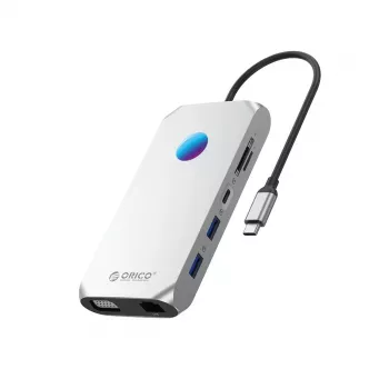 ORICO XCR 12-in-1 USB-C Docking Station with RGB, 2x USB-A 3.1, 1x USB-A 2.0, 1x USB-C PD 100W, 1x USB-C 3.1, 2x HDMI 2.0 4K 60Hz, 1x VGA 1080p, 1x microSD/SD 3.0, 1x RJ45 Gigabit Ethernet, 1x Audio CTIA 3.5mm - Grey