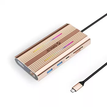 ORICO XDR 12-in-1 USB-C Docking Station with RGB, 2x HDMI 4K 60Hz, DisplayPort 4K 60Hz, Gigabit Ethernet, 100W PD, SD/microSD Card Reader - Rose Gold