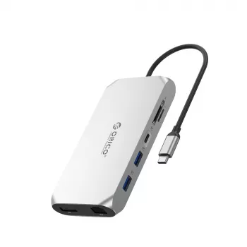 ORICO XCR 12-in-1 USB-C Docking Station, 2x USB-A 3.1, 1x USB-A 2.0, 1x USB-C PD 100W, 1x USB-C 3.1, 2x HDMI 2.0 4K 60Hz, 1x DisplayPort 1.4 4K 60Hz, SD/microSD 3.0, RJ45 Gigabit Ethernet, 3.5mm Audio CTIA, Silver