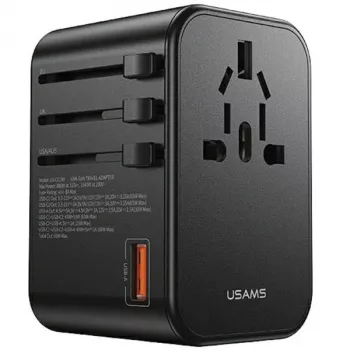 USAMS Universal Travel Charger 65W 1xUSB-A + 2xUSB-C T62 with Interchangeable Plugs US/AU/EU/UK Black CC199TC01 (US-CC199)
