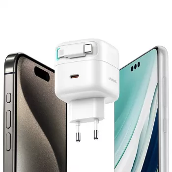 USAMS XMF Series CC202TC01 35W GaN Fast Charger with Retractable USB-C Cable, Black