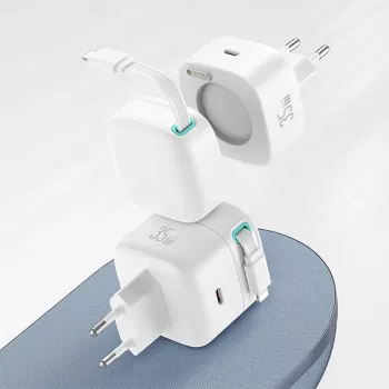 USAMS XMF Series CC209TC02 GaN 35W Fast Charger with Retractable Lightning Cable, White
