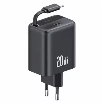USAMS YC Series GaN 20W USB-C Power Supply with Retractable Cable, PD+QC Fast Charging, Black (US-CC233)