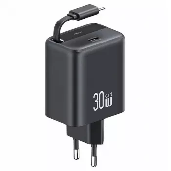 USAMS YC Series CC241TC01 30W GaN USB-C Power Supply with Retractable USB-C Cable, PD+QC Fast Charging, Black