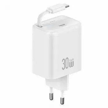 USAMS YC Series CC241TC02 30W GaN USB-C Wall Charger with Retractable USB-C Cable, PD+QC Fast Charging, White