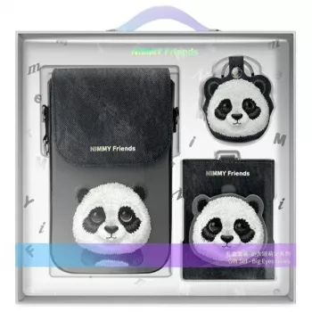 Nimmy 3-in-1 Set: Phone Bag + Wallet + Tracker Case, Black, Big Eyed Pet 2.0 Panda