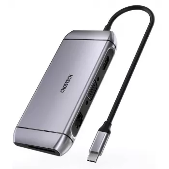 CHOETECH 9-in-1 USB-C Multipurpose Hub - 3x USB 3.2 Gen 1, SD/TF Card Reader, HDMI 4K 30Hz, VGA Full HD 60Hz, USB-C PD, RJ45 Gigabit Ethernet, Grey (HUB-M15)
