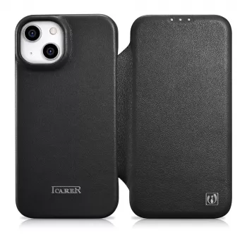 iCarer CE Premium Leather Folio Case for iPhone 14 Plus, Magnetic Closure, MagSafe, Black (WMI14220715-BK)