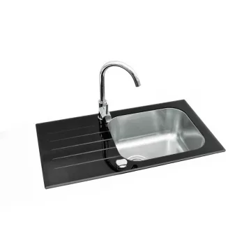 GLAM 20 Granite Composite Kitchen Sink Set with Black Mixer Tap, Single Bowl, Reversible, 580x480 mm