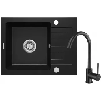 DEANTE Granite Composite 1-Bowl Kitchen Sink with Faucet and Drainer - Graphite