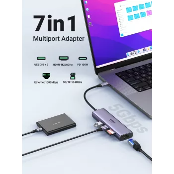 UGREEN 60515 7-in-1 USB-C Hub, 4K 60Hz HDMI, Ethernet, 100 W PD, Grey