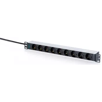 DIGITUS 9-Way Schuko Power Strip with Aluminium Profile, 1U Rack Mount, 2m Cable, 16A, 3680W, Black/Silver