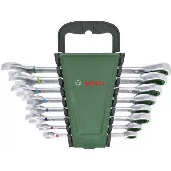 Bosch 8-Piece Combination Ratchet Spanner Set with 72-Tooth Reversible Ratchet, Chrome Vanadium, Metric 8-19 mm, Green/Black Case