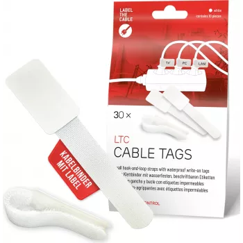 LABEL THE CABLE LTC 2620-30 Reusable Hook & Loop Cable Tie Labels with Write-On Tags, White, 30-Pack