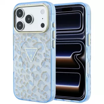 GUESS IML Leopard Glitter Triangle Logo MagSafe Case for iPhone 18 Pro / 17 Pro, Blue