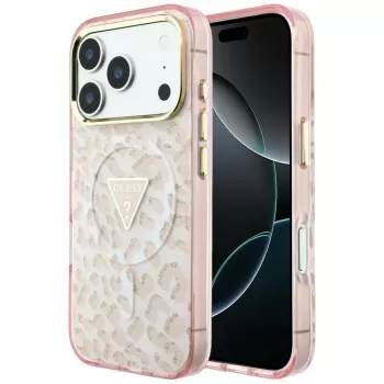 GUESS IML Leopard Glitter Triangle Logo MagSafe Case for iPhone 18 Pro Max / 17 Pro Max, Pink