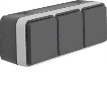 Hager WNC143 Surface-Mounted Triple SCHUKO Socket with Hinged Covers, IP55, Grey