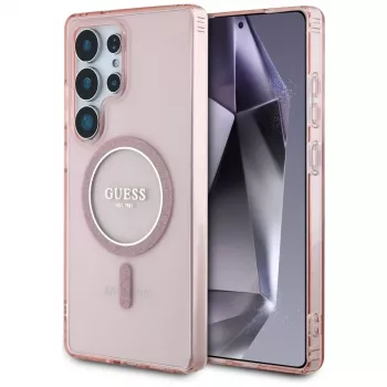 GUESS Glitter Circle Classic Logo MagSafe Case for Samsung Galaxy S25 Ultra - Pink