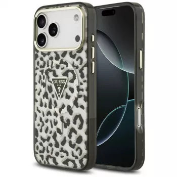 GUESS IML Leopard Glitter Triangle Logo MagSafe Case for iPhone 18 Pro Max / 17 Pro Max - Black