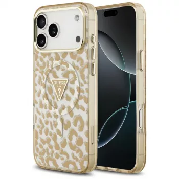 GUESS IML Leopard Glitter Triangle Logo MagSafe Case for iPhone 18 Pro Max / 17 Pro Max - Brown