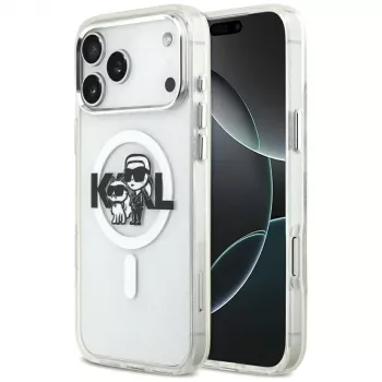 Karl Lagerfeld IML Glitter Karl & Choupette Sketch Logo MagSafe Case for iPhone 17 Pro Max, Transparent
