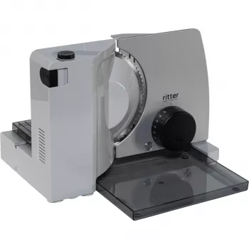 Ritter Compact 7 Electric All-Purpose Slicer with 65 W Eco Motor, Serrated Stainless Steel Blade, 0-20 mm Cutting Thickness, Foldable Design, Suction Feet, Black/Silver