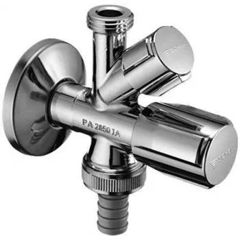 VALVE Angle Valve 1/2 Inch x 1/2 Inch x 3/4 Inch Male Thread, Chrome-Plated Brass, Double Outlet with Non-Return Valve