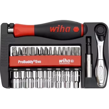 WIHA 46960 Evo 40-Piece Bit and Socket Set, 1/4 inch Drive, Chrome Vanadium Steel, with 72-Tooth Ratchet, Sockets 5.5-13 mm, Bits: Slotted, Phillips, Pozidriv, Torx, Hex, in Robust Case