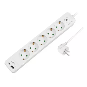 LogiLink LPS280U Power Strip, 5 AC Outlets, 2 USB Ports (USB-A & USB-C), 17W, White