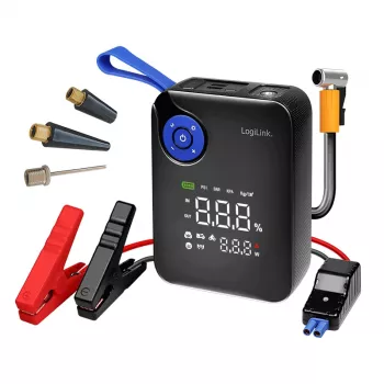 LogiLink PA0358 4-in-1 Car Jump Starter Power Bank with Air Compressor, 7200 mAh, 200A Starting Current, LED Flashlight