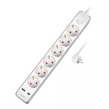 LogiLink Power Strip with 6 Safety Sockets, USB-A & USB-C PD 20W, Rocker Switch, 1.5m, White