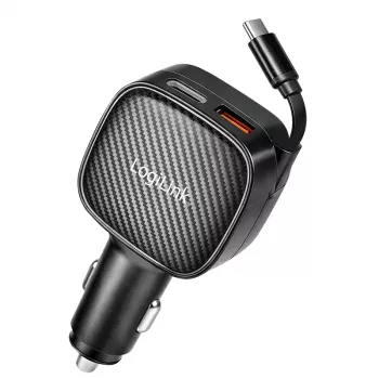 LogiLink USB Car Charger, 3 Ports incl. Retractable USB-C Cable, 60W, PD, QC, Black