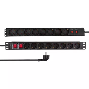 LogiLink PDU1601 19 inch 1U Rackmount Power Distribution Unit, 16 Schuko Sockets, Surge Protection, 16A, 2m Cable, Black