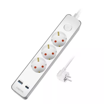 LogiLink LPS287U Power Strip with 3 Safety Sockets, USB-A & USB-C PD 20W, Rocker Switch, 1.5m Cable, White