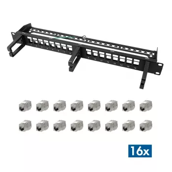 LOGILINK Modular 16-port Cat.6A keystone patch panel, 19/1U, with 3 cable rings, Black