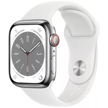 Apple Watch Series 8 GPS + Cellular 41mm Stainless Steel Case with Sport Band, Silver/White (MNJ53EL/A)