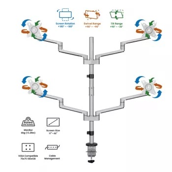 Logilink Quad Monitor Mount, 17-32 inch, Aluminium, Silver