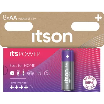 ITSON LR6IPO/8HH AA Alkaline Batteries, 8-Pack, 1.5 V, Long Lasting, Mercury-Free