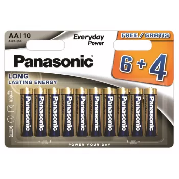 Panasonic Everyday Power Alkaline AA Batteries LR6 10-Pack (6+4 Free) - 1.5V, 10-Year Shelf Life, Triple Tough Coating