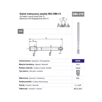 M12 machine tap DIN 376 C 6H HSSE-Co5 for stainless steel